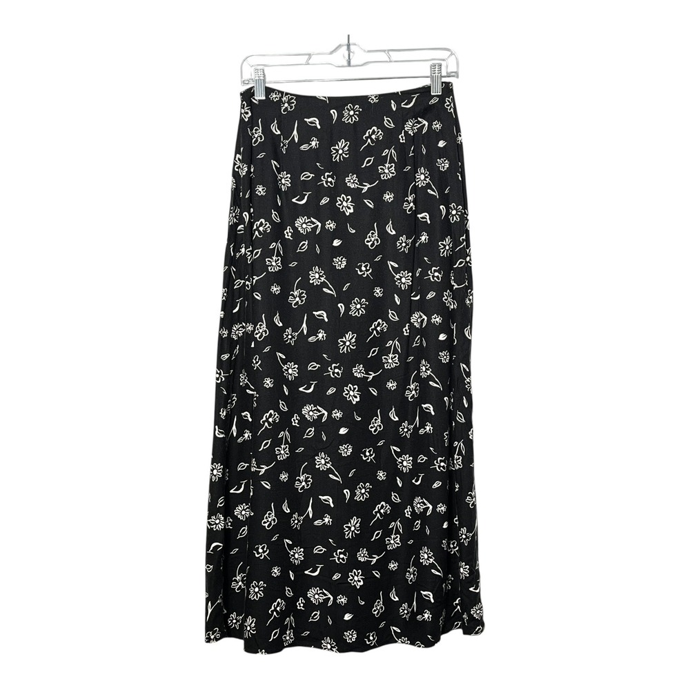 Talbots‎ Vintage Black White Floral Rayon Maxi Skirt Size 8 Made in USA Zip Side